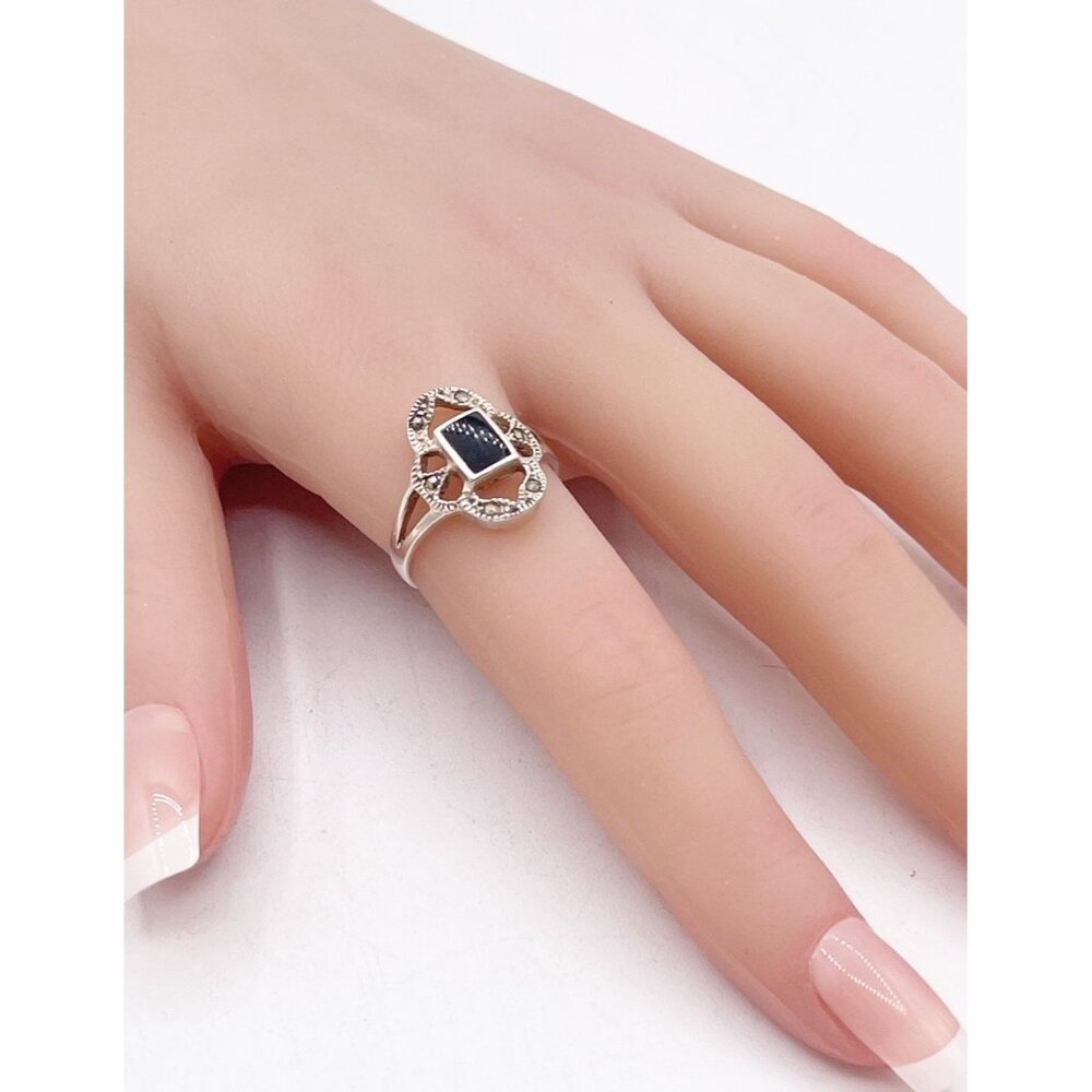 Vintage 925 Sterling Silver Black Onyx Marcasite Ring Art Deco Marked HAN Size 8